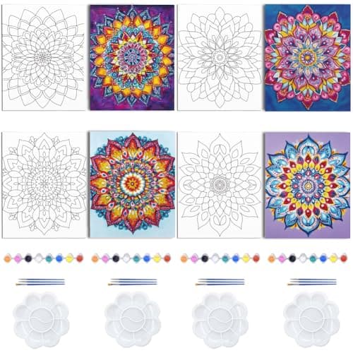 Image of WEBEEDY 4 Pack Pre Drawn Canvas Mandala Canvas Painting Kit Retro Floral Pre Printed Stenciled Canvas for Adult,8x10 Inches Sip and Paint Kit for Painting with Picture Ready to Paint, 20x25cm