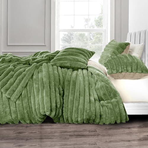 Image of Velosso Jumbo Cord Sherpa Reverse Duvet Cover Set - Ultra Soft Faux Fur Bedding with Plush Ribbed Texture, Warm & Cosy Winter Thermal Quilt Cover with Pillowcases (Olive, Double)