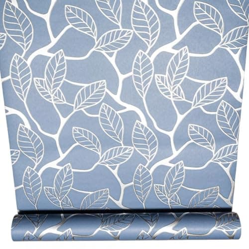 Image of SOPHIE LAURENCE Blue Leaf Wallpaper Silver Metallic Shimmer Flat Finish Feature Wall Lounge