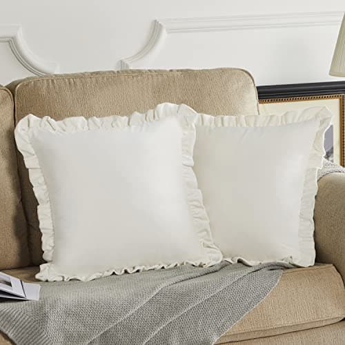 Image of Velvet Cushion Covers Pack of 2 50x50 CM Square Ivory Pillow Covers with Ruffle Edges Sofa Cushions Living Room Premium Soft Throw Covers Bedroom Decorative Pillowcase