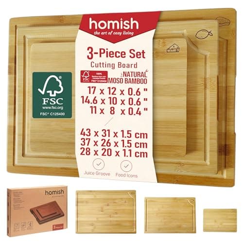 Image of Bamboo Chopping Board and Serving Set for Kitchen, Wood Cutting & Charcuterie Board | Made with Moso Bamboo - 3pc Set