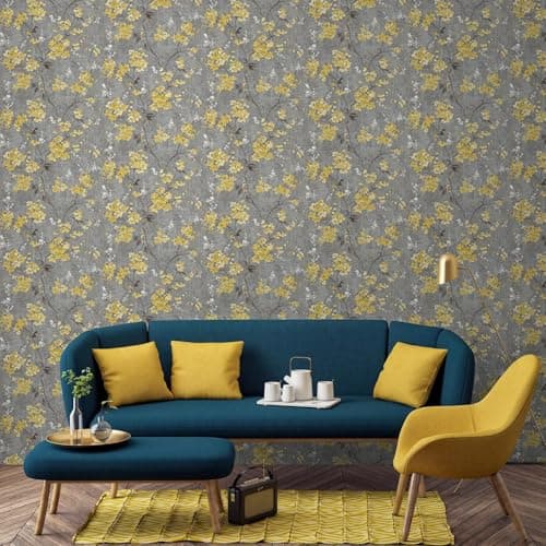 Image of SOPHIE LAURENCE Charcoal & Ochre Oriental Trail Vinyl Wallpaper | Metallic Mustard Floral Design | Paste The Wall | Washable | Textured | 10M x 0.53M Roll Living Room Bedroom Hallway Wall Paper