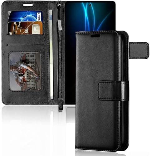 Image of TECHGEAR Galaxy Note 10 Plus Leather Wallet Case, Flip Protective Case with Kickstand, Card Slots, Wrist Strap - Black PU Leather Designed For Samsung Galaxy Note 10+
