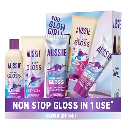 Image of Aussie Oh My Gloss Hydrating Giftset: Shampoo 300ml, Conditioner 200ml, Lightweight Leave-in Serum 160ml. Moisture & Shine Booster for Dull, Dry Hair, with Jojoba, Safflower, Macadamia Nut Oils