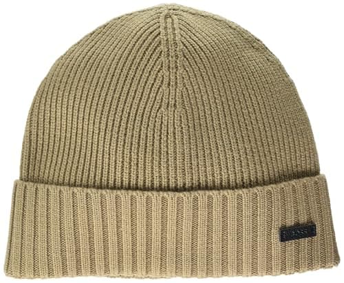 Image of BOSS Men's Fati Ribbed Knit Hat Beanie, Medium Flax Seed, One Size