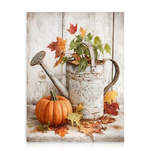 Image of Dazzlewall Rustic Autumn Wall Art Print, Pumpkin Leaves Water Can Vintage Wall Decor Retro Artwork Print for Harvest Living Room Decor, 12x16 in Unframed