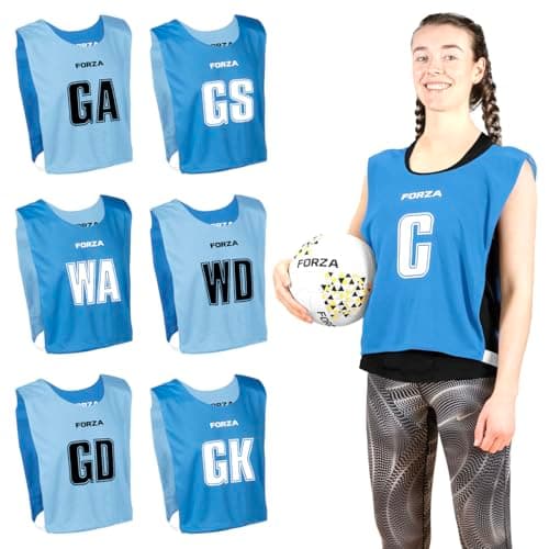 Image of FORZA Pro Reversible Netball Bibs [Pack of 7] | 2-in-1 Design with 5 Colour Combinations - Ideal for Schools & Sports Clubs (Blue & Sky Blue, Medium)