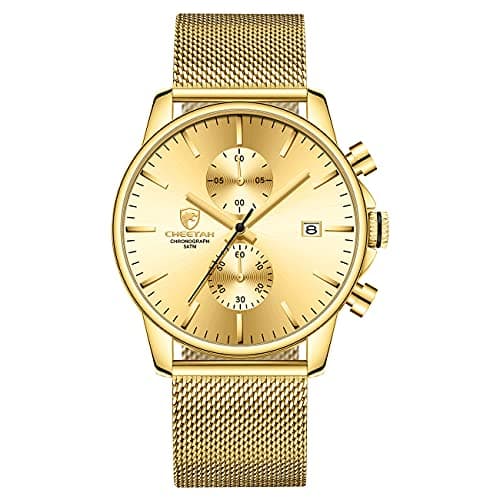 Image of GOLDEN HOUR Men’s Watch Fashion Sleek Minimalist Quartz Analog Mesh Stainless Steel Waterproof Chronograph Watches (Gold)