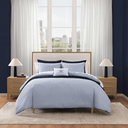 Image of Tommy Hilfiger - Twin Duvet Cover Set, Reversible Cotton Bedding with a Naturally Soft Feel, Classic Americana, 2 Piece Bed Set with Matching Pillowcase (Trellis Flag/Christopher Texture Blue)