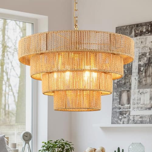 Image of Schindora 50CM Boho Pendant Light,Hand-Woven Rattan Lampshade 6-Lights Light Shade 4 Round Transitional Rustic Large Lamp Shades Ceiling for Kitchen Island Bedroom Dining Room Living Room,Brass