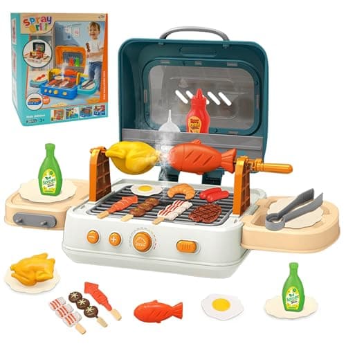 Image of CATCHLUCK Kids BBQ Toy Grill Set, Kitchen Playset with Spray Sound, Role Play Learning Toys for Toddlers Girls Boys (Green)