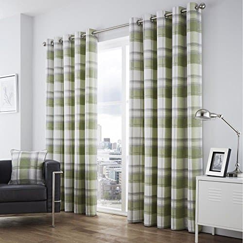 Image of Fusion - Balmoral Check - 100% Cotton Pair of Eyelet Curtains - 66" Width x 54" Drop (168 x 137cm) in Green