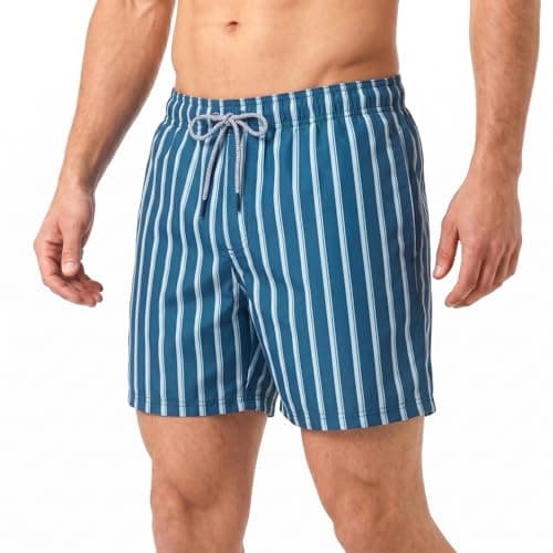 Image of RIPT Men’s Quick Dry Swim Shorts with Mesh Lining Drawstring Waist UV50 Sun Protection Beach & Swimming Trunks (Navy Blue Striped, M)