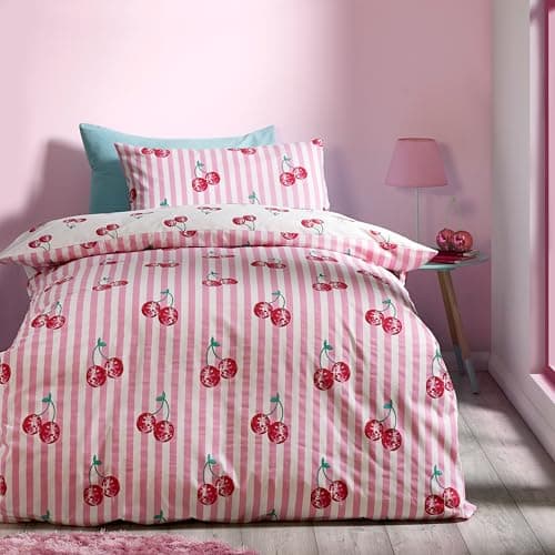 Image of Catherine Lansfield Disco Cherries Stripes Reversible Single Duvet Cover Set with Pillowcase Pink
