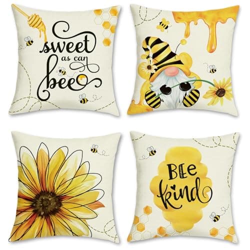 Image of Bonhause Bee Sunflower Cushion Covers 45 x 45 cm Spring Honey Gnome Decorative Throw Pillow Covers Yellow Pillowcases for Sofa Garden Patio Outdoor Decor Set of 4