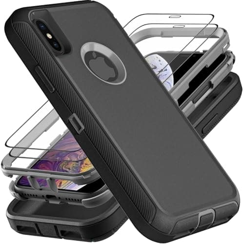 Image of YmhxcY for iPhone X/Xs Case, Military Grade 3 in 1 Heavy Duty Shockproof/Drop Proof/Dust Proof Case with 2Pcs Tempered Glass Screen Protector (Black/Grey)