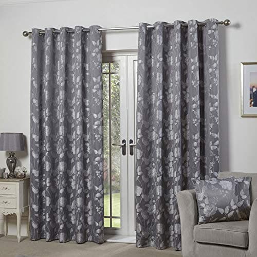 Image of Emma Barclay – Fully Lined Curtains for Bedroom Living Room Jacquard Eyelet Two Panel Floral Curtains Butterfly Meadow Collection (66” x 90” Inch)(Silver)