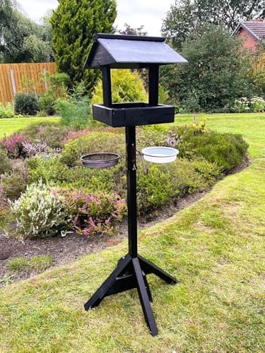 Image of Garden Wooden Black Bird Table Bird Feeding Station Feeder Stand Water Bath Seed Tray