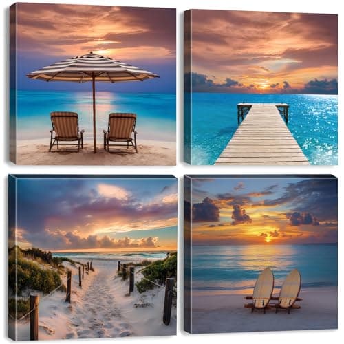 Image of 4 Pieces Beach Bathroom Wall Art Seaside Pictures for Walls Blue Ocean Pictures for Living Room Decor Blue Coastal Scenery Wall Canvas Painting Modern Nature Seascape Artwork Home Decorations 30x30cm