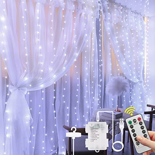 Image of Vicloon Curtain Fairy Lights, 300 LED Window String Lights, 3m 8 Mode Waterproof White Curtain Lights USB & Battery Powered with Remote Control Timer for Outdoor Indoor Party Bedroom Decoration