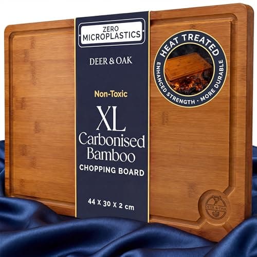 Image of Deer & Oak X-Large Carbonised Cutting Board 44x30x2cm, Pre-Oiled Wooden Bamboo Chopping Board for Carving Meat, Fish, Vegetables, Fruits, Cheese, Bread