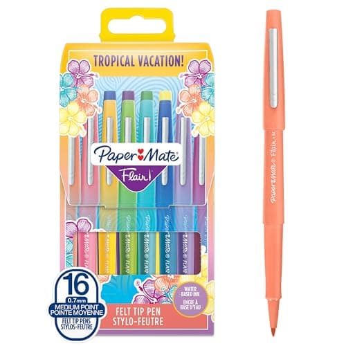 Image of Paper Mate Flair Felt Tip Pens | Medium Point (0.7 mm) Marker Pens | Assorted Tropical Vacation Colouring Pens | For Kids & Adult Colouring, Journalling & More | 16 Count