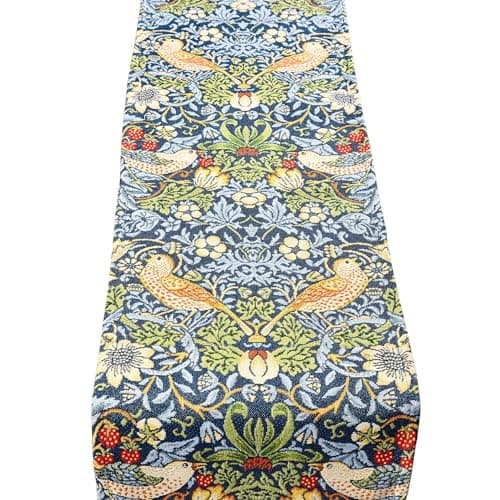 Image of William Morris Strawberry Thief Tapestry Table Runner in Marine Blue. Classic Arts and Crafts Botanical Style. Available in Two Sizes (30cm x 230cm)