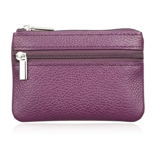 Image of Hibate Mini Coin Purse Holder Wallet Leather Purses for Women Men Kids Zipper Pouch with Key Ring - Purple