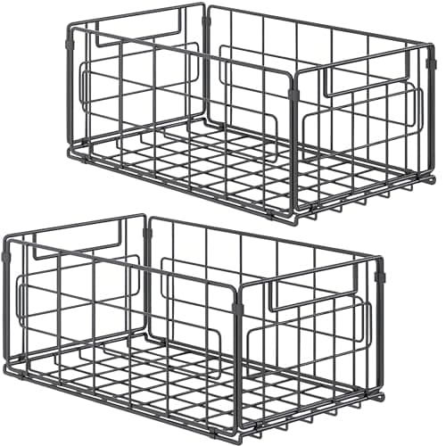 Image of 2Pack Wire Storage Bins Baskets,13.8inch Large Foldable Organizer Multipurpose Steel Basket Pantry Storage Bin Rack with Handle for Kitchen Cabinets, Pantry, Freezer, Bathroom,Closets 35x21.5x16 cm