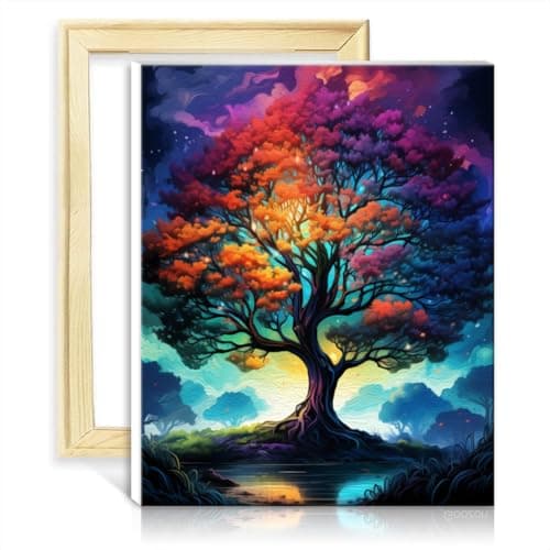Image of TANGFEIY Paintting The Tree Life Kids Adults Wall Decor with Brushes and Acrylic Pigment on Canvas Painting for Adults for Home Wall Decor Gifts DIY Frame(40x50cm)
