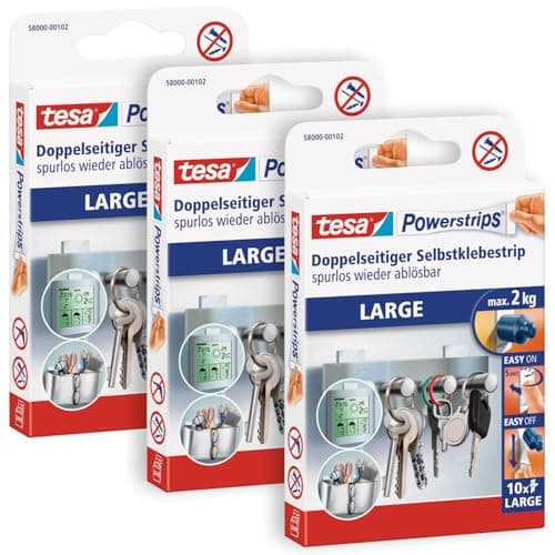 Image of tesa UK Powerstrips Large, Self-Adhesive Strips - Double-Sided Strips Suitable for Flat and Smooth Surfaces - Holds Objects up to 2 kg - Pack of 30 Powerstrips, Clear
