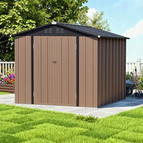 Image of Panana Metal Garden Shed Storage Sheds Heavy Duty Outdoor FREE Base Foundation Green/Grey Color (6X8 Brown)