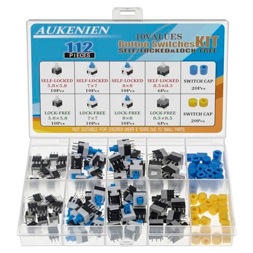 Image of AUKENIEN 10 Values 112pcs DPDT Self Latching Push Button Switch Mirco and Momentary Tactile Switches Locking Assortment Kit 6Pin 5.8X5.8MM 7X7MM 8X8MM 8.5X8.5MM with Buttons Cap