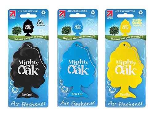 Image of Mighty Oak Air Freshener Triple Pack – Ice Cool, New Car, Vanilla Fragrance - Long Lasting Hanging Car Deodoriser – Odour Eliminator Air Freshener – Auto Accessories – Made in UK - 3 Pack