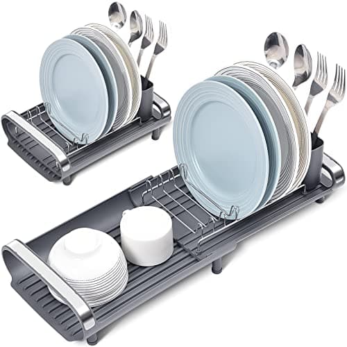 Image of Dish Drainer Rack, Small Dish Drainer, Expandable Dish Rack With Removable Cutlery Holder, Anti Rust Small Drying Rack for Sink, Compact Draining Board Rack For Kitchen Counter, Grey
