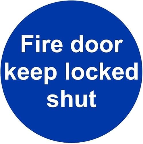 Image of 4 x safety sign - Fire Door Keep Locked Shut - self adhesive weather proof vinyl sticker label - 10cm x 10cm (MPN5066)