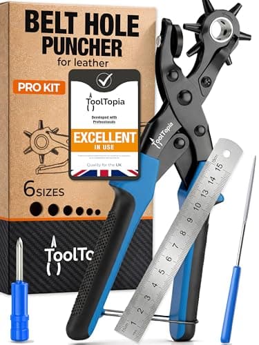 Image of ToolTopia Belt Hole Puncher for Leather – Heavy Duty Rotary Hole Puncher with 6 Sizes, Comfort Lever, Leather Belt Hole Punch for Belts, Watches, Shoes, Fabric and PVC - Blue