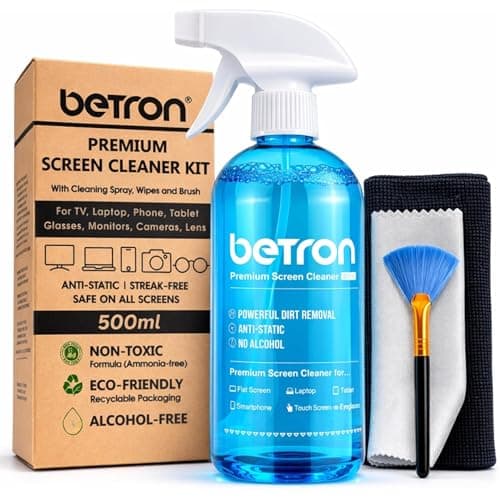 Image of Betron Screen Cleaner Spray (500ml) Alcohol Free with Microfibre Wipes and Brush for LCD LED OLED TV, Smartphone, iPad, Laptop, Macbook