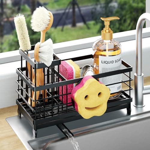Image of HapiRm Kitchen Sink Caddy Organiser - Self-draining Sponge Holder with Smiley Face and Removable Brush Holder, Stainless Steel Sink Tidy Organiser for Countertop Kitchen Storage & Organisation