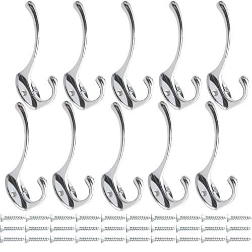 Image of Beilala 10 Pack Chrome Double Coat Hooks for Wall Door with Screws Antique Robe Hook for Haning Clothes, Hat, Scarf, Bag, Towel, Key, Cup, Cap (Silver)