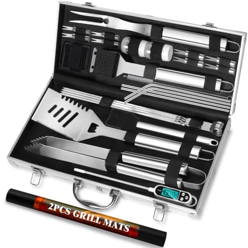 Image of ROMANTICIST 29pcs BBQ Accessories Tools Set, Gifts for Men Dad Father’s Day Birthday, Stainless Steel Heavy Duty Grill Utensils Kit with Thermometer, Mats in Aluminum Case for Outdoor Camping Silver