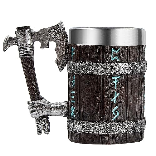 Image of OTARTU Viking Mug with Axe Handle, Nordic Rune Oak Wooden Beer Stein, Stainless Steel 550ml, Viking Gift for Men, Father’s Day
