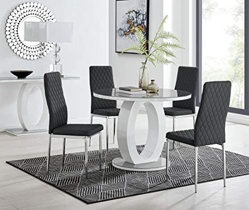 Image of Furniturebox UK Giovani Modern Stylish Grey/White High Gloss and Glass 100cm Round Dining Table and 4 Contemporary Milan Chairs Set (Dining Table + 4 Black Milan Chairs)