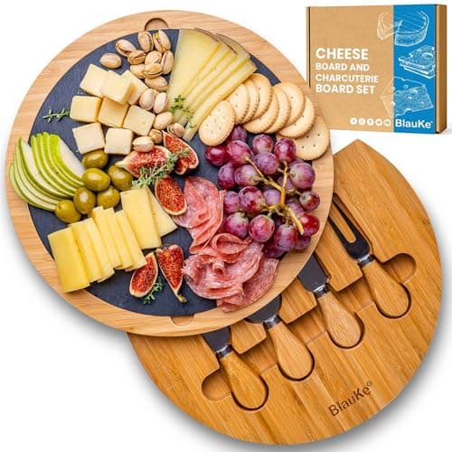 Image of BlauKe® Bamboo Cheese Board with Knife Set and Slate – 30cm Round Charcuterie Board, Serving Platter with Cheese Knives – Wooden Cheese Board Gift Set