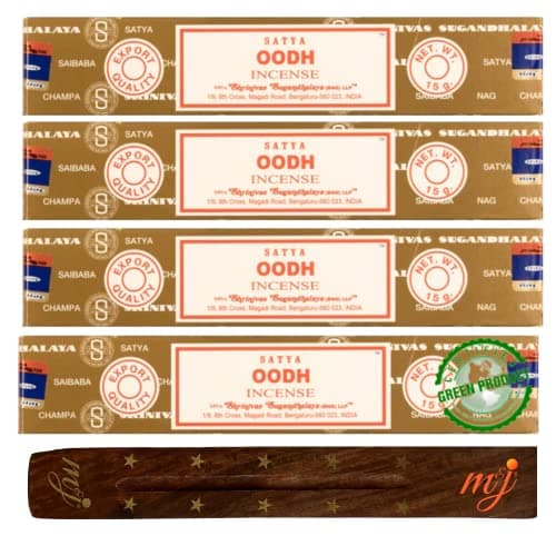 Image of Original Satya Nag Champa Oodh Incense Sticks | with M&J incense sticks holder | x4 pack | for Aromatherapy, Spa, Yoga, Weddings, Meditation, Healing, Positivity and Relaxation