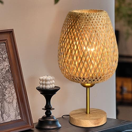 Image of HHMTAKA Wicker Bedside Lamps, Table Lamp for Living Room Bedroom, Small Lamp with Double Layer Bamboo Lampshade for Kids Room, Study, Dorm, Office(E27 Bulb Included)