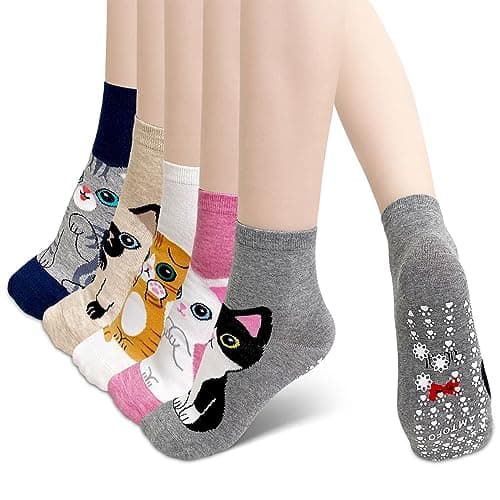 Image of PUTUO Non Slip Socks for Women: Cat Socks Ladies Funny Animal Funky Cotton Sock With Grip - Novelty Cute Christmas Gifts for Kitten Lover 5 Pairs Size 4-9