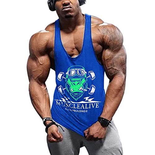 Image of Musclealive Mens Bodybuilding Tank Top Stringer Vest Cotton Arch Man Blue M-( Chest 38 Inch to 42 Inch)