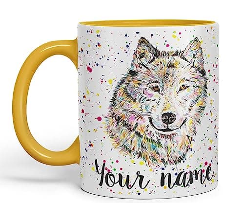 Image of Vixar Personalised with Your Text Wolf Wolves Wildlife Animals Watercolour Art Coloured Ceramic Mug Cup Gift 330ml 11oz Custom Work Office Tea Coffee (O2) (G Yellow)