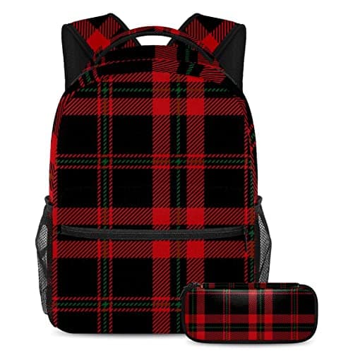 Image of Allenada Leisure Campus Travel Backpacks with Pen Case Red Black Green Tartan Scottish Plaid Pattern Bags with Bottle Holder for Girls Boys
